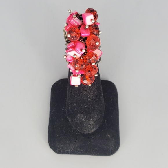 Red Beaded Silvertone Spiral Ring - Picture 2 of 9